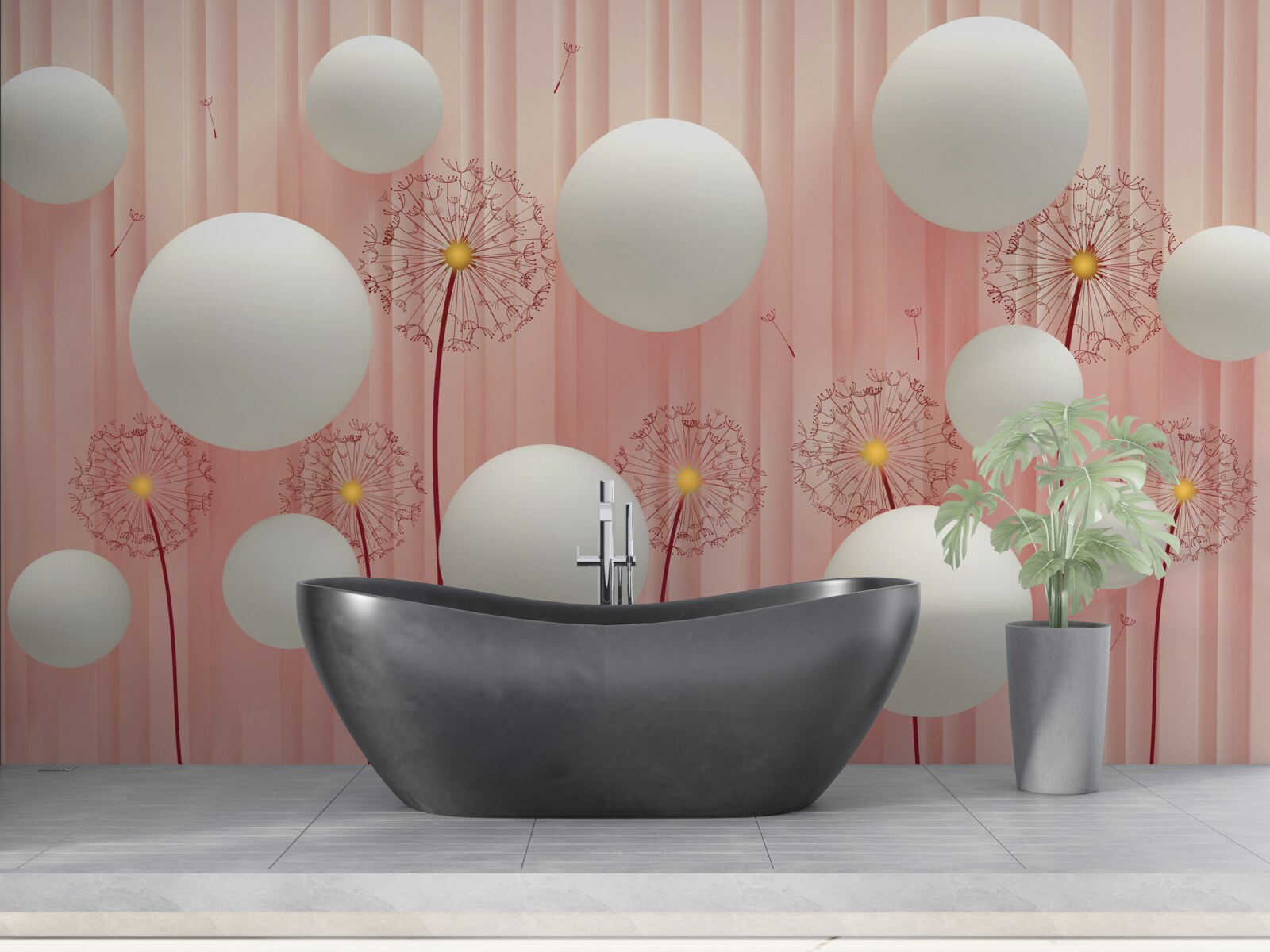 Fototapet păpădii elegante și bile albe ca zăpada pe un fundal roz