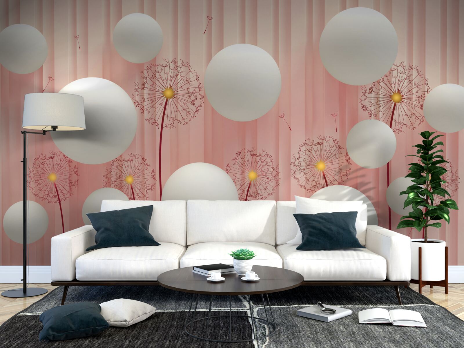 Fototapet păpădii elegante și bile albe ca zăpada pe un fundal roz