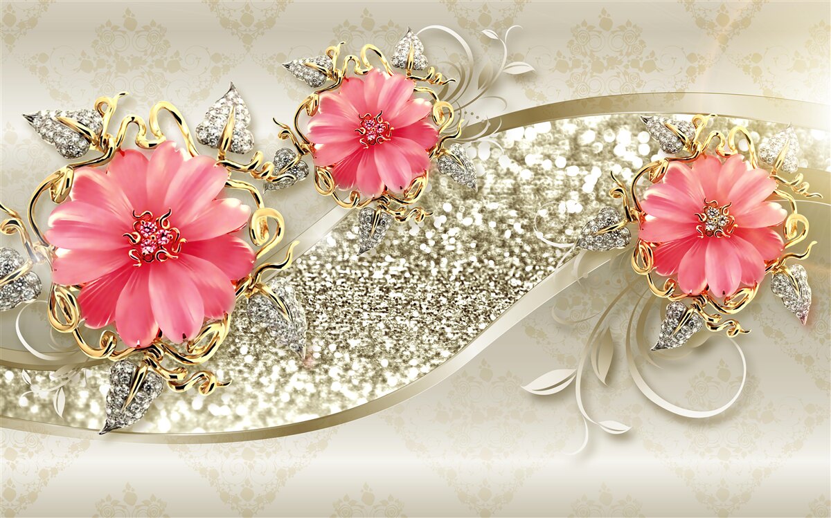 Fototapet muguri de gerbera cu nuanțe roșii pe ramuri aurii