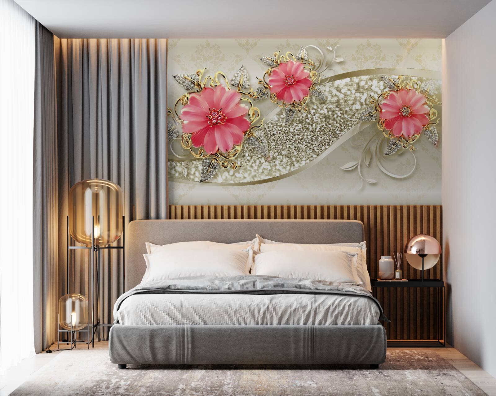 Fototapet muguri de gerbera cu nuanțe roșii pe ramuri aurii