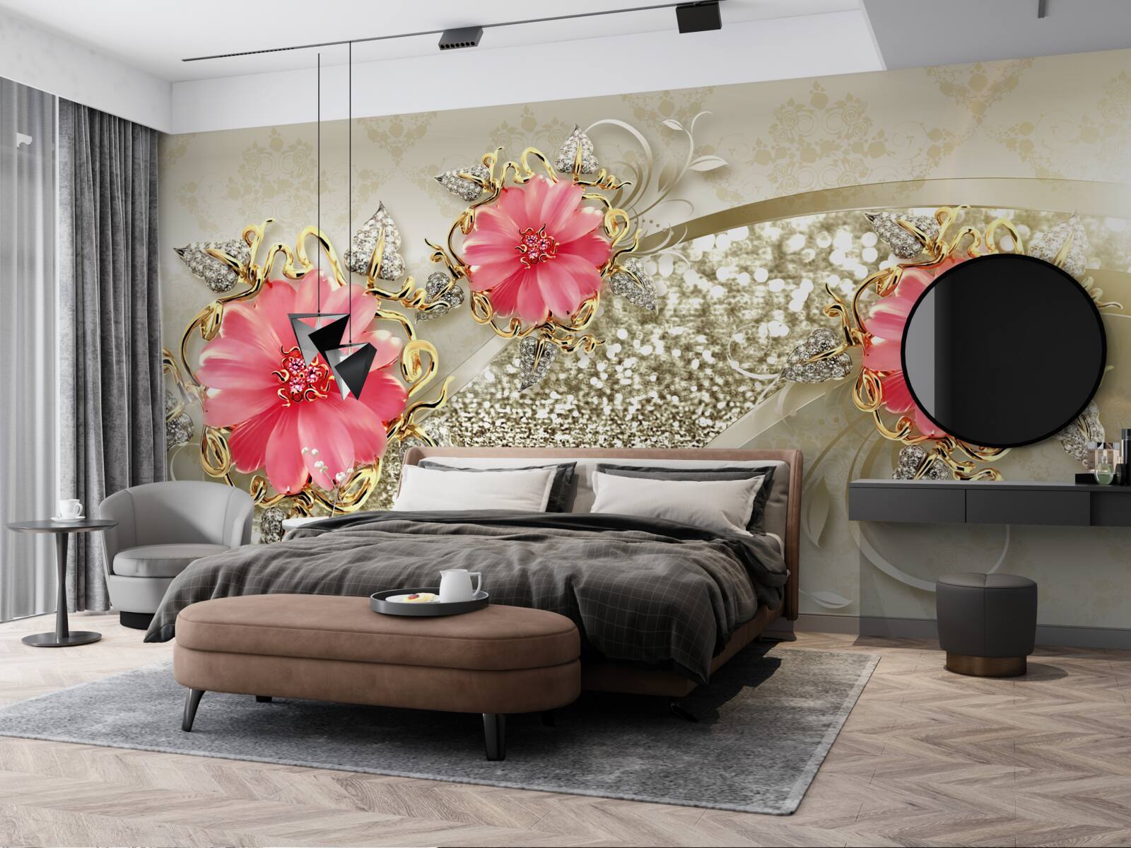 Fototapet muguri de gerbera cu nuanțe roșii pe ramuri aurii