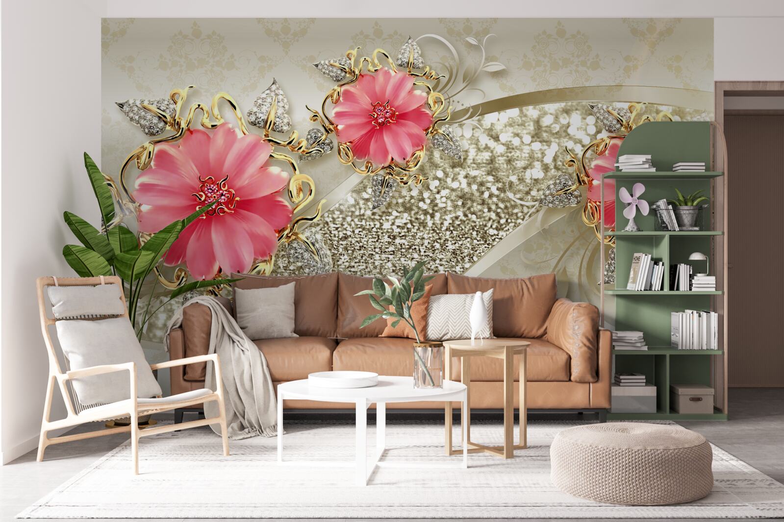 Fototapet muguri de gerbera cu nuanțe roșii pe ramuri aurii