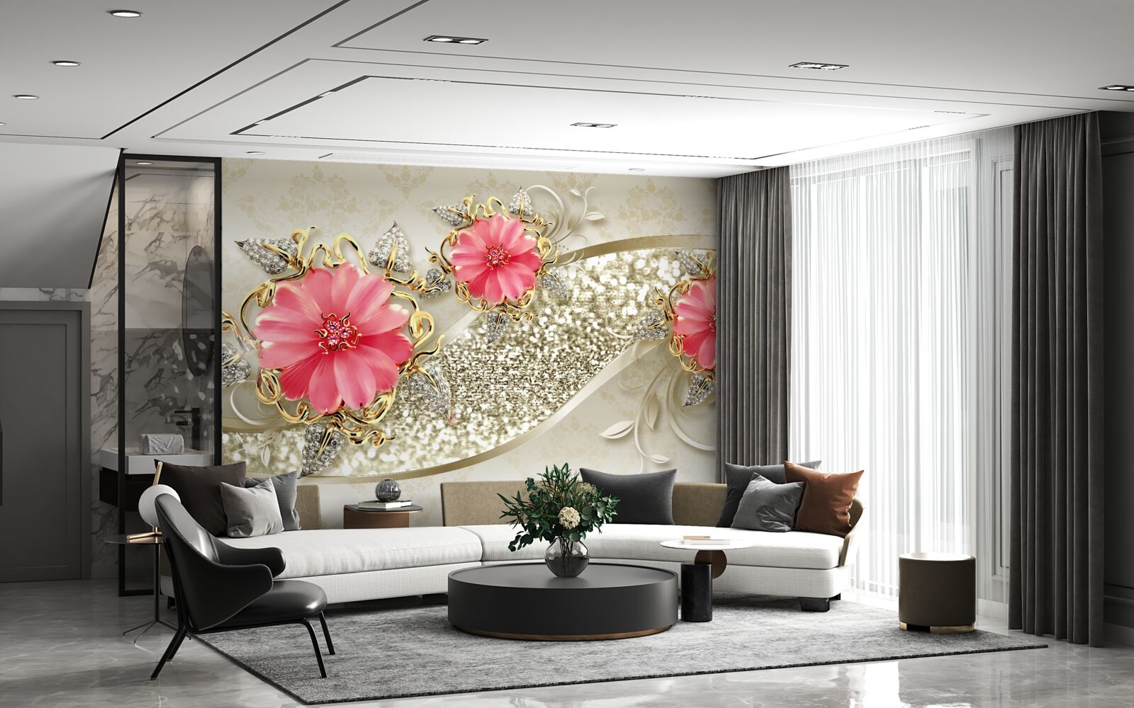 Fototapet muguri de gerbera cu nuanțe roșii pe ramuri aurii