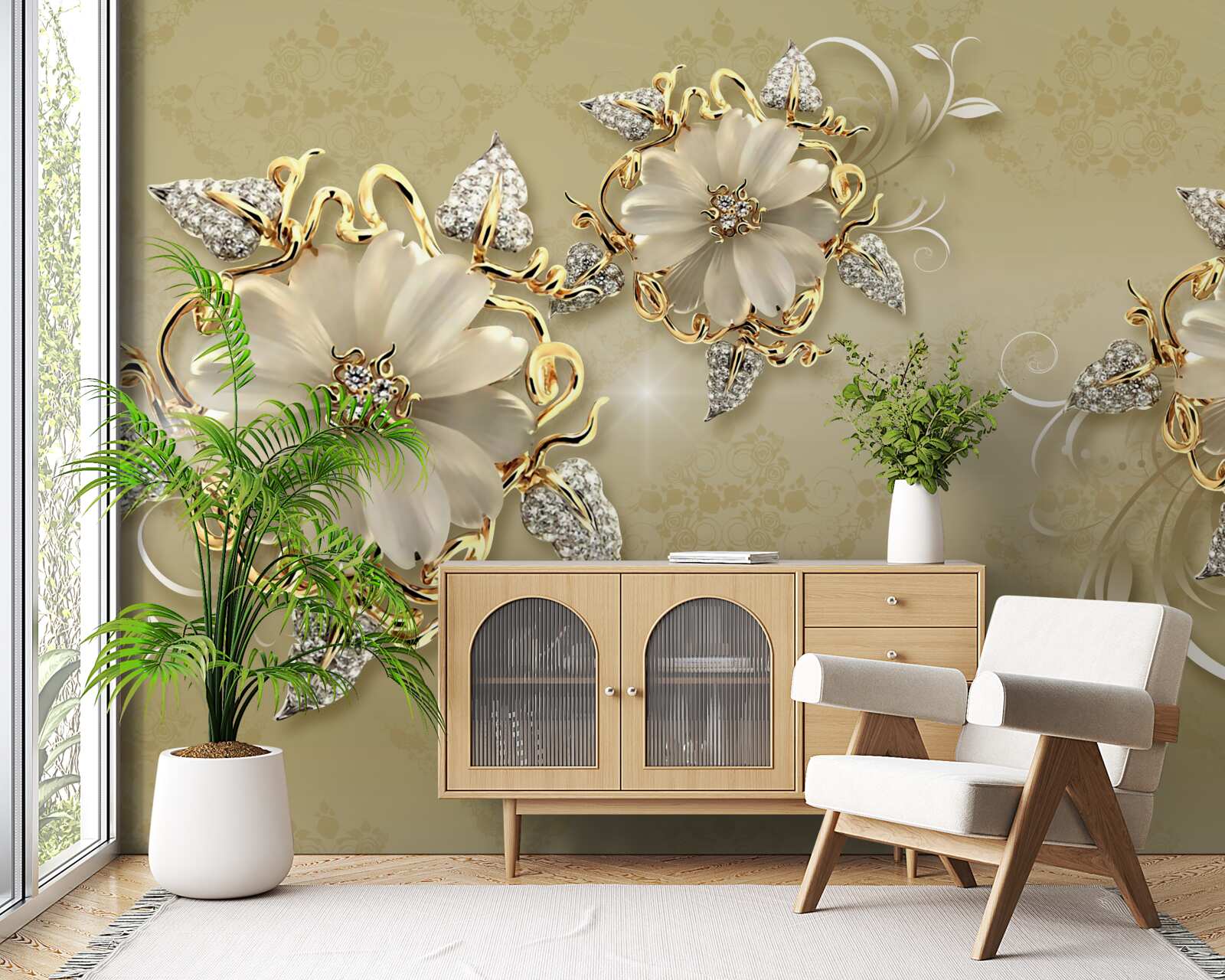 Fototapet florile sunt albe ca zăpada, iar rămurelele strălucesc de aur și argint