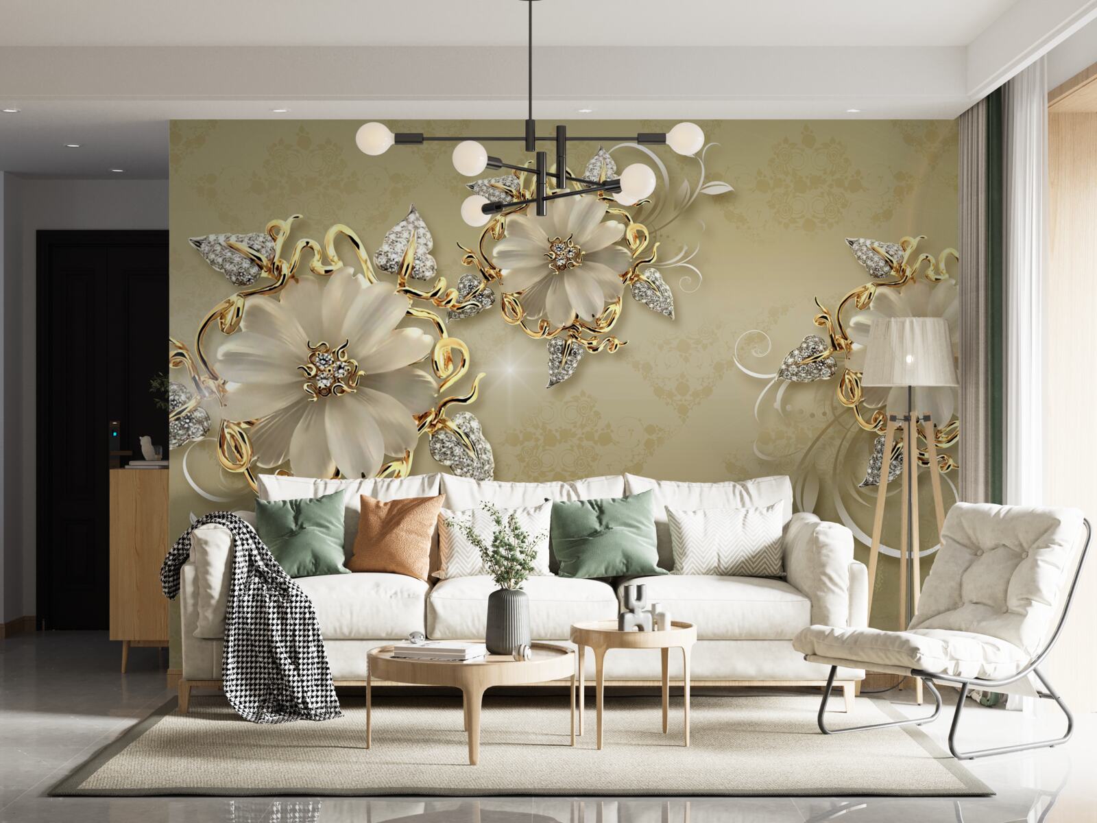 Fototapet florile sunt albe ca zăpada, iar rămurelele strălucesc de aur și argint