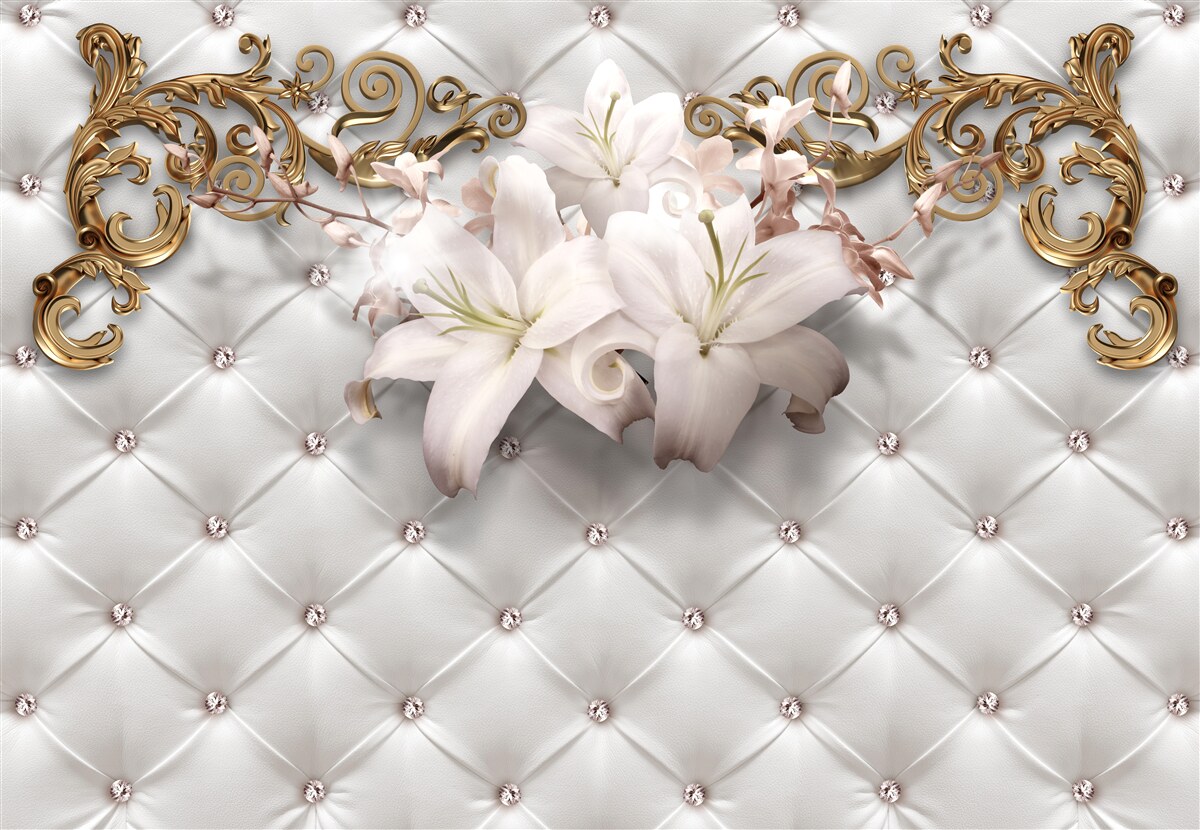 Fototapet flori în nuanțe de alb, decorate cu cristale și aur