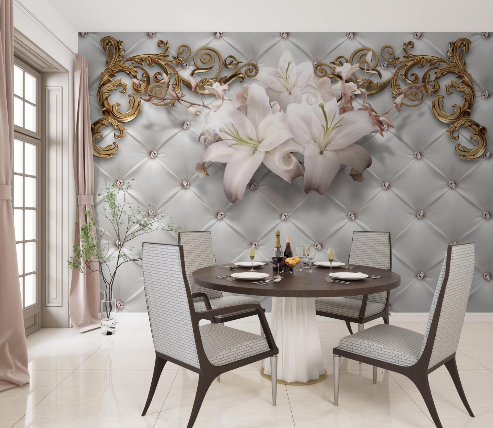 Fototapet flori în nuanțe de alb, decorate cu cristale și aur