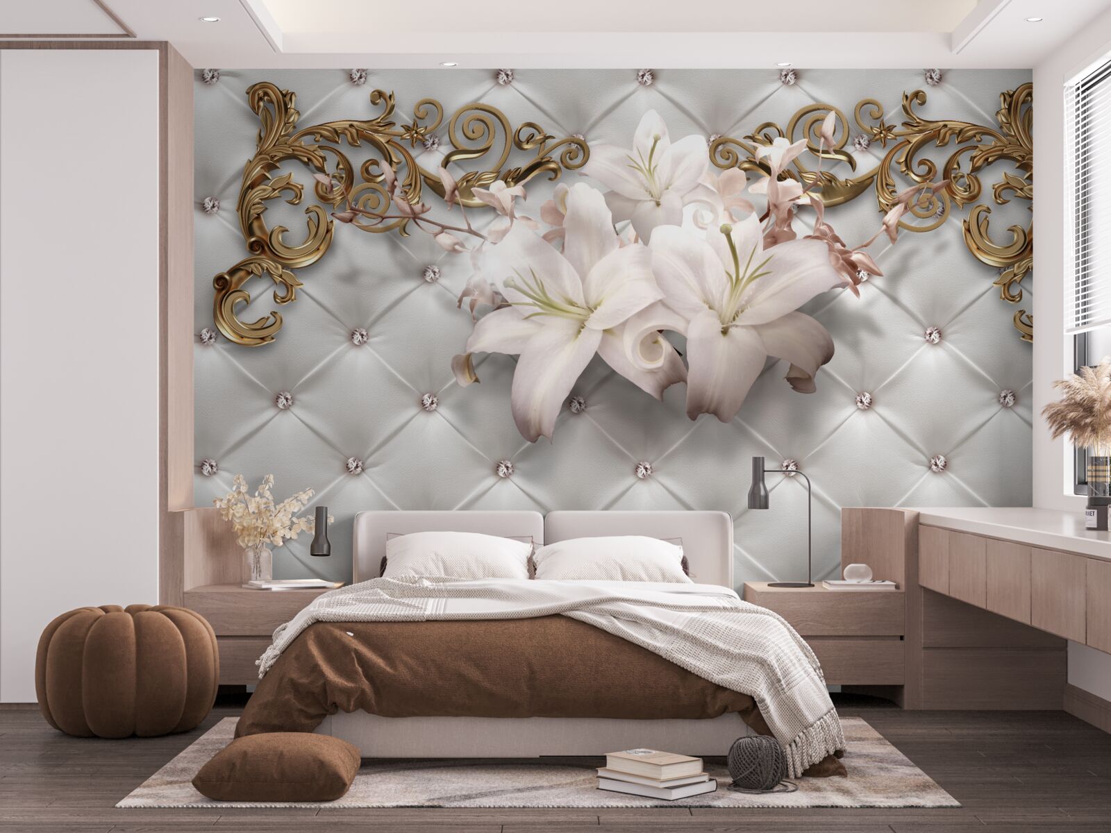 Fototapet flori în nuanțe de alb, decorate cu cristale și aur