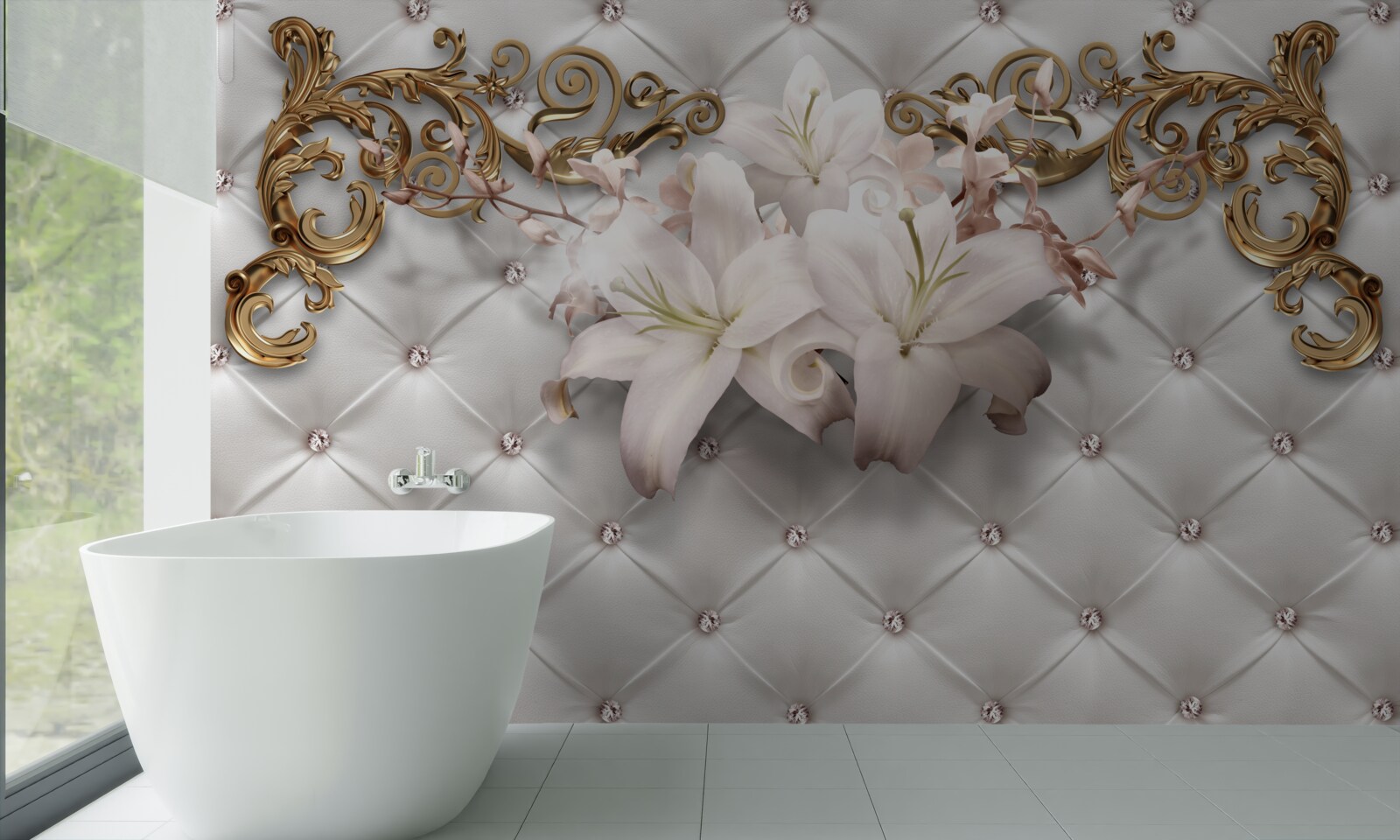 Fototapet flori în nuanțe de alb, decorate cu cristale și aur