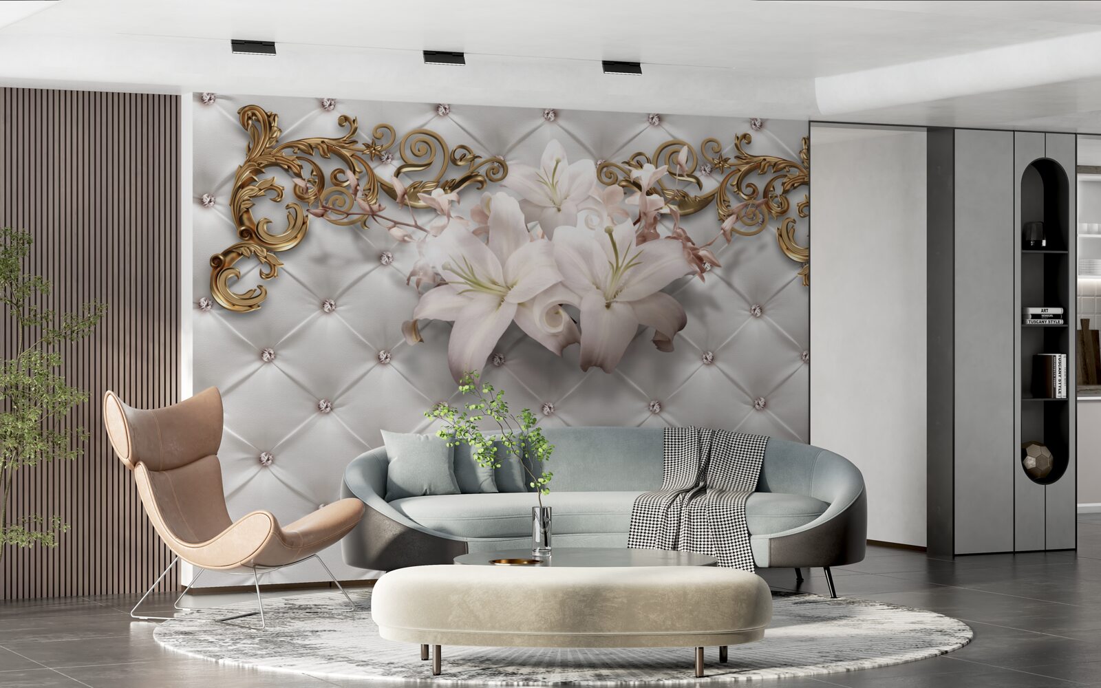 Fototapet flori în nuanțe de alb, decorate cu cristale și aur