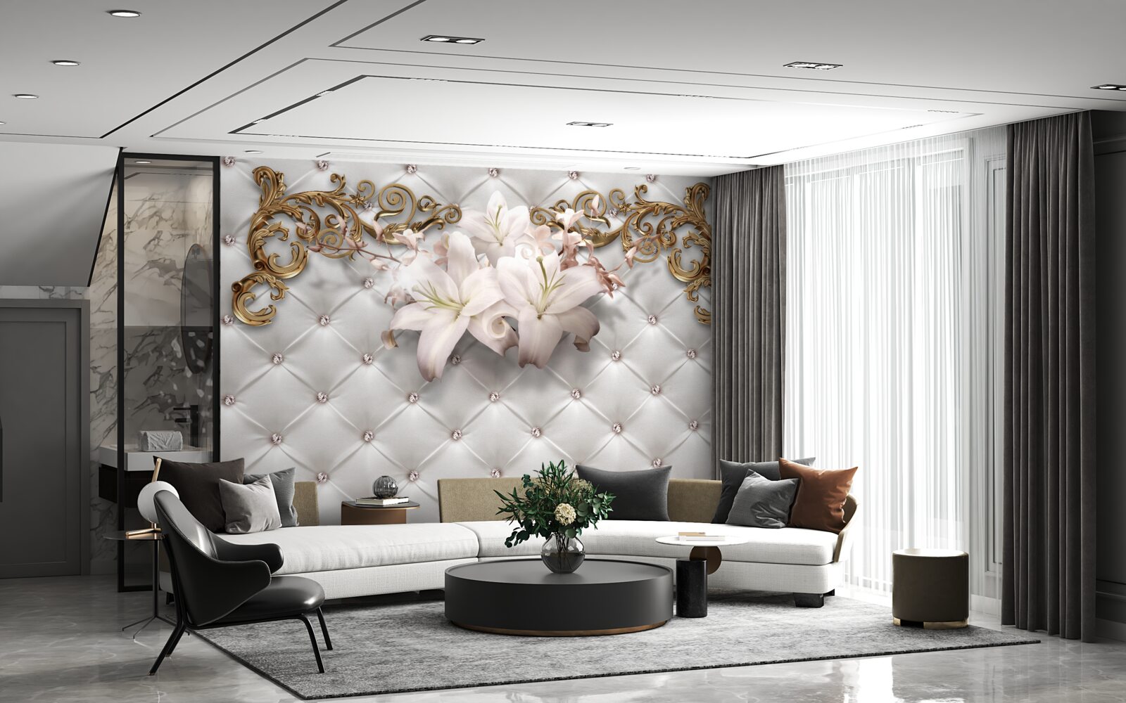 Fototapet flori în nuanțe de alb, decorate cu cristale și aur