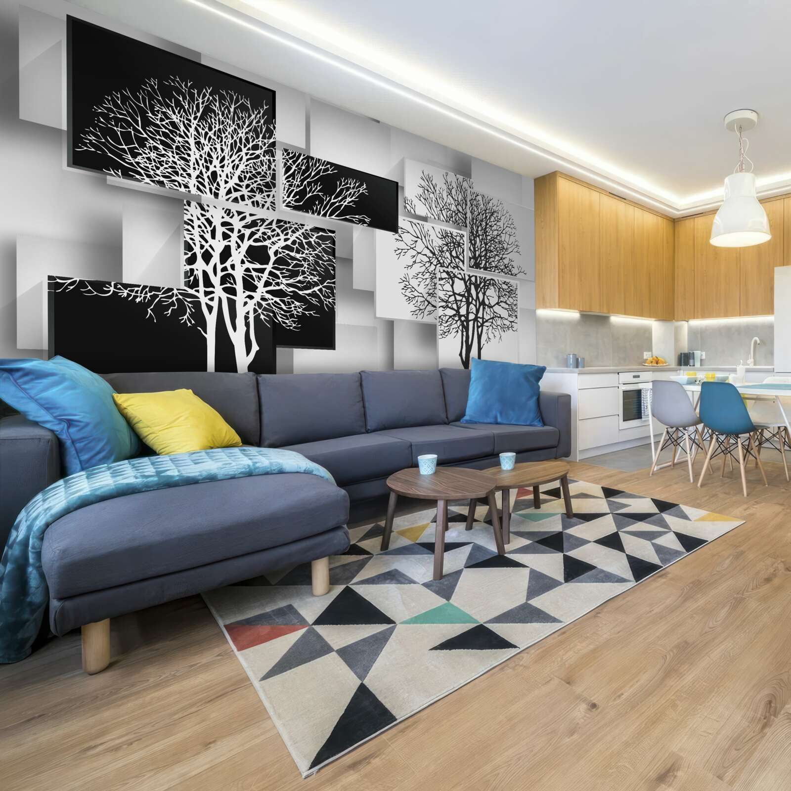 Fototapet copacii sunt în alb și negru pe un fundal de dreptunghiuri