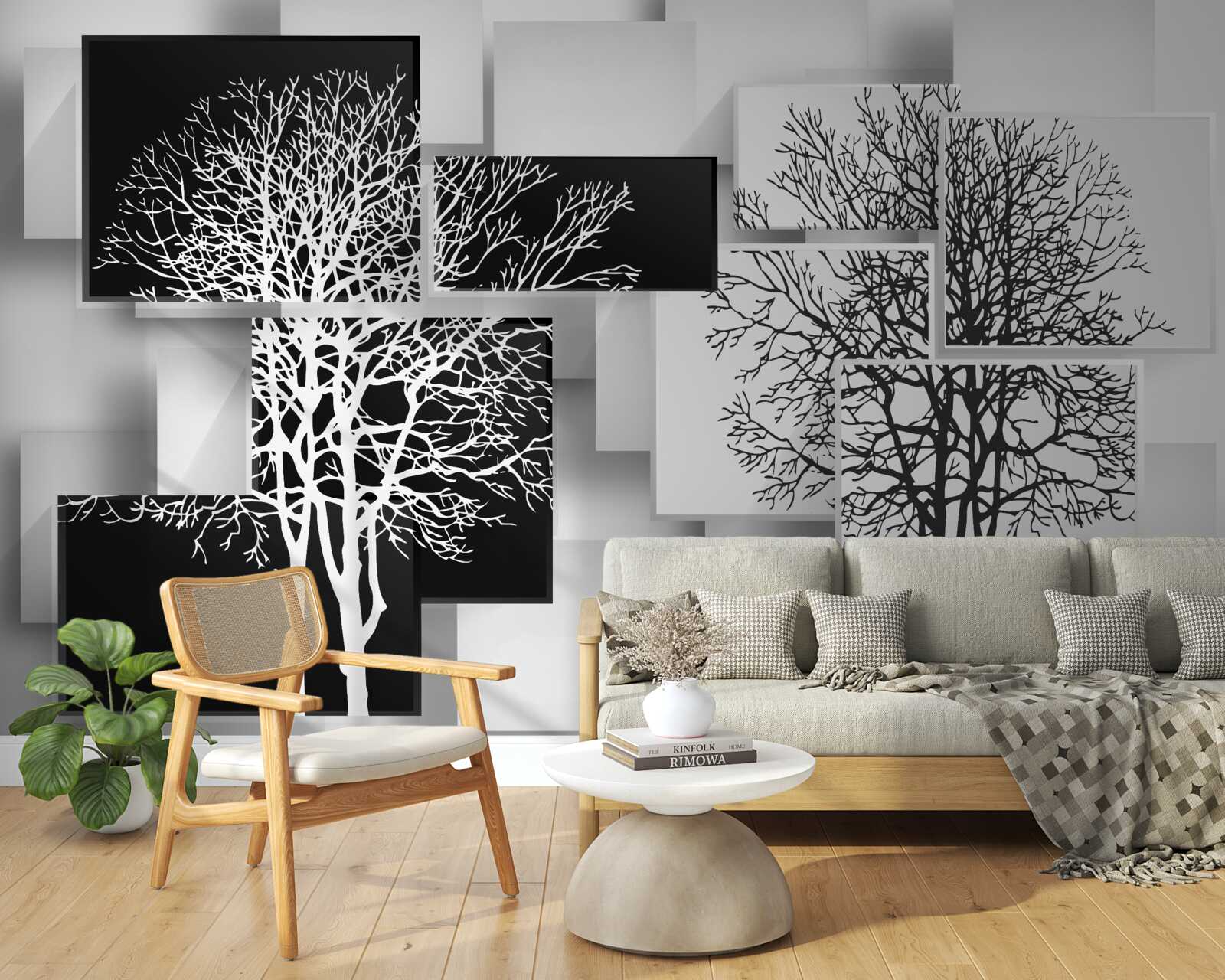 Fototapet copacii sunt în alb și negru pe un fundal de dreptunghiuri