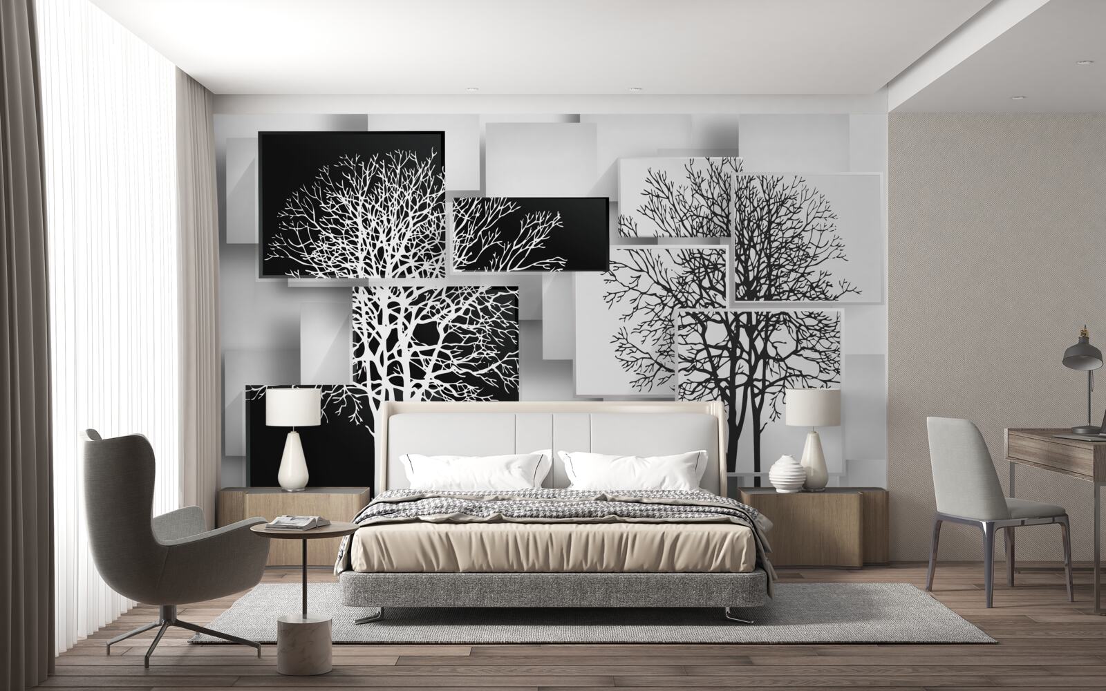 Fototapet copacii sunt în alb și negru pe un fundal de dreptunghiuri