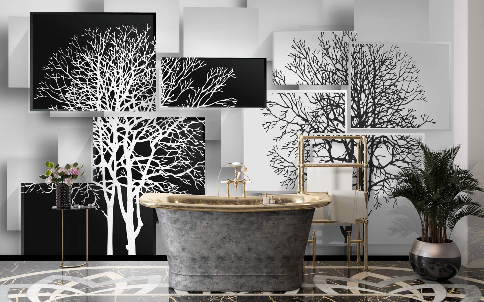 Fototapet copacii sunt în alb și negru pe un fundal de dreptunghiuri