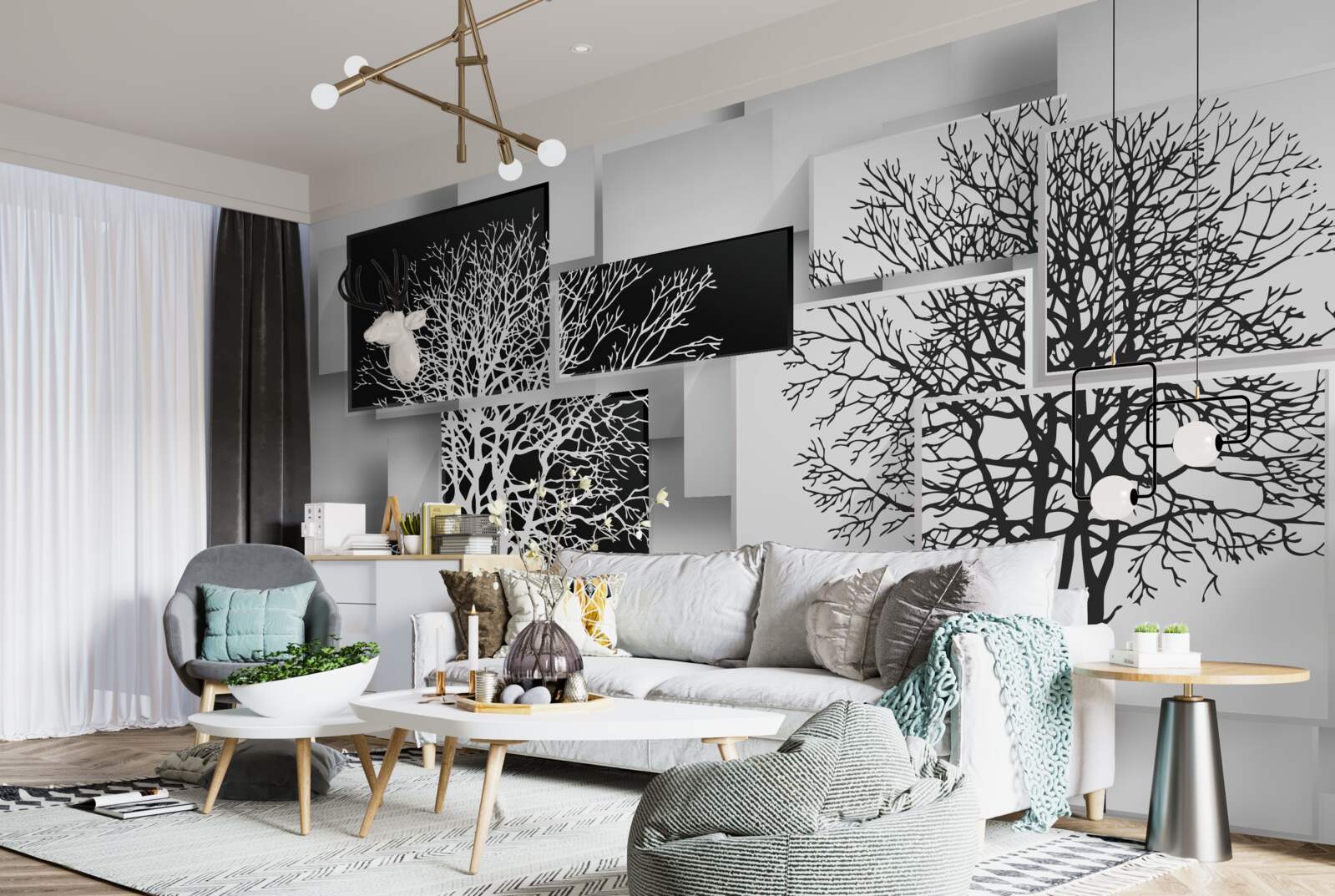 Fototapet copacii sunt în alb și negru pe un fundal de dreptunghiuri