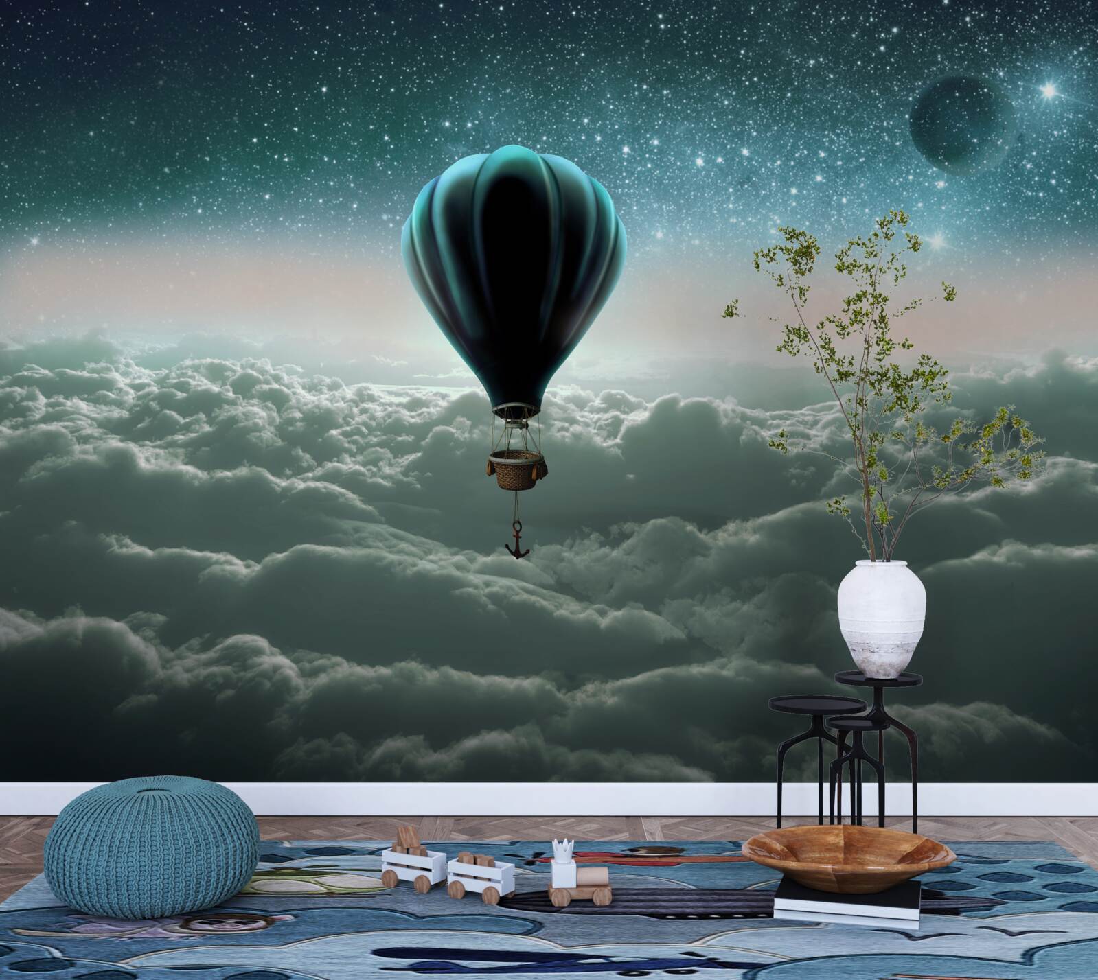 Fototapet balon cu aer cald pe timp de noapte plutind deasupra norilor