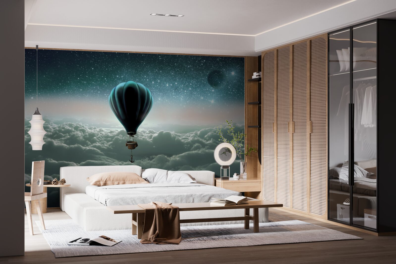 Fototapet balon cu aer cald pe timp de noapte plutind deasupra norilor