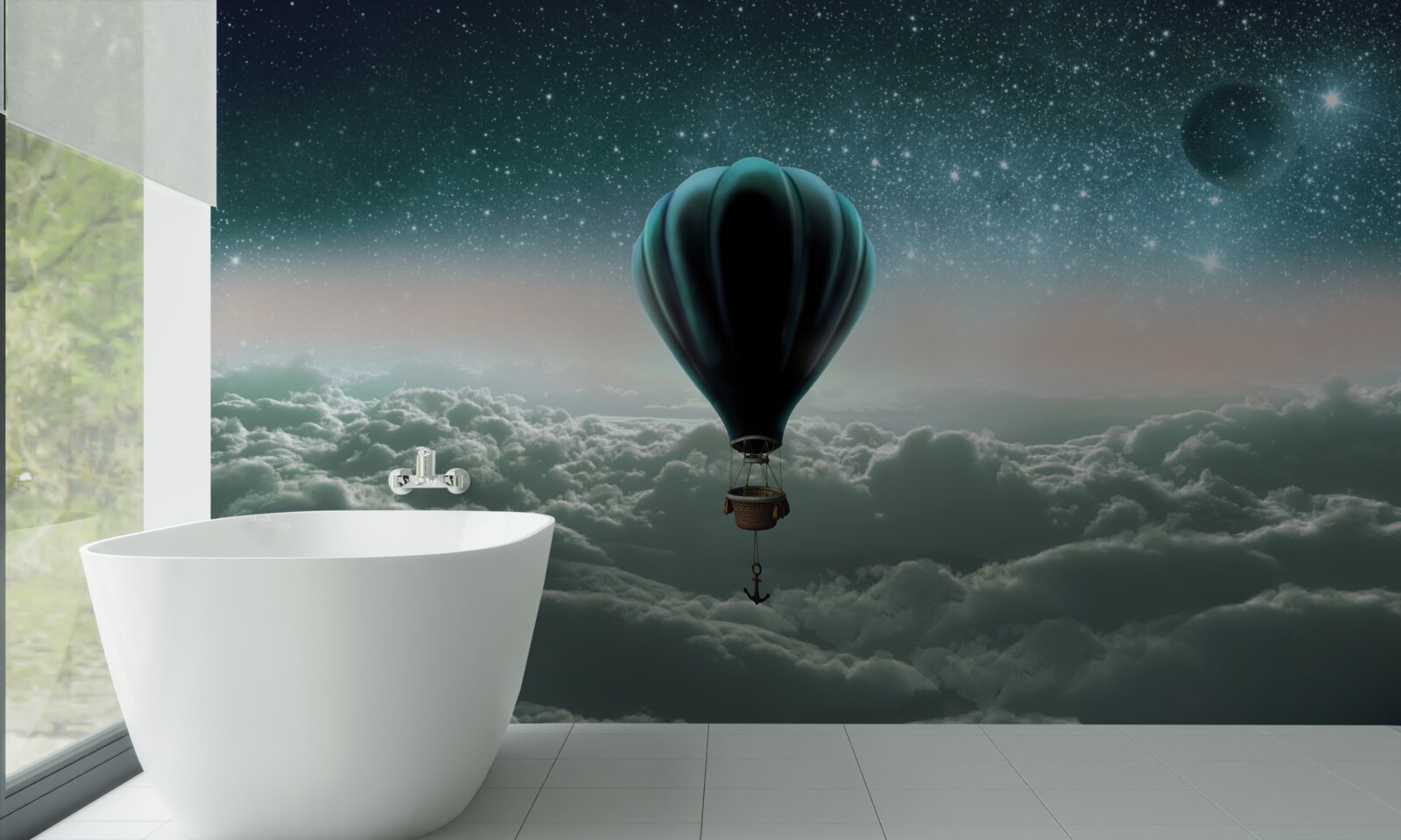 Fototapet balon cu aer cald pe timp de noapte plutind deasupra norilor