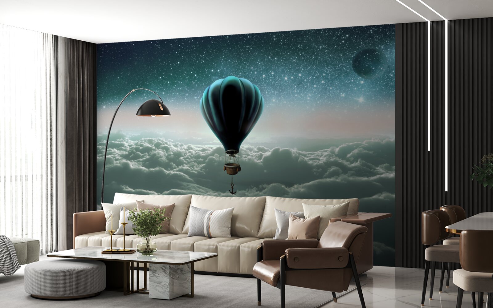 Fototapet balon cu aer cald pe timp de noapte plutind deasupra norilor