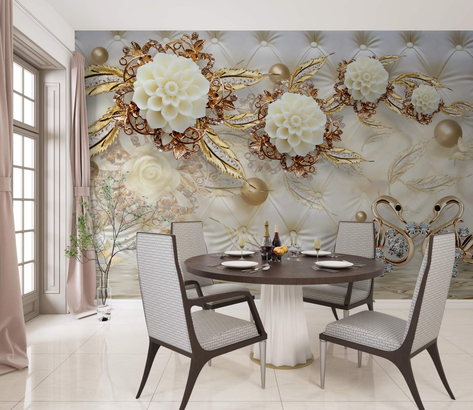 Fototapet lebede de aur și muguri de lumină pe aur strălucitor