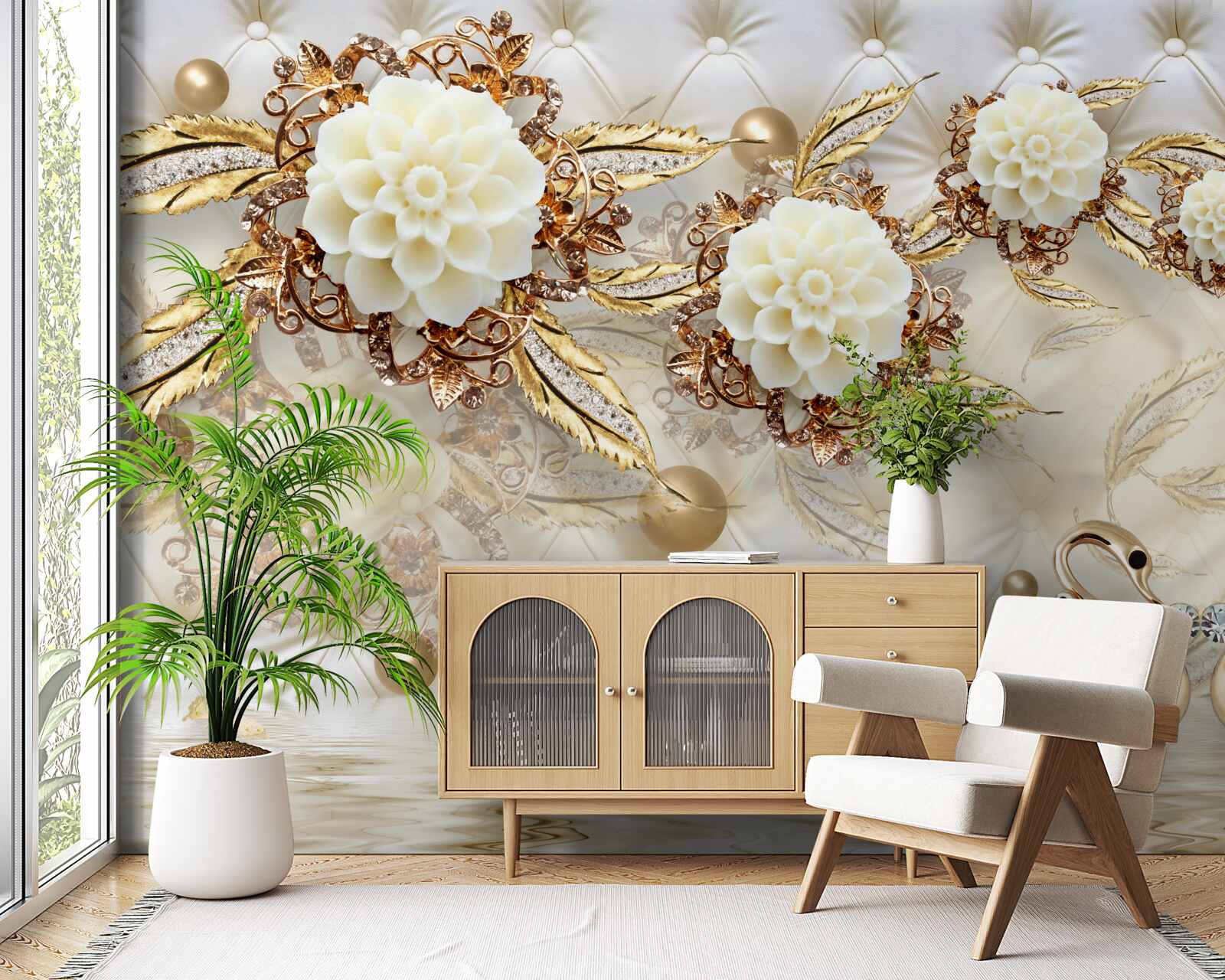 Fototapet lebede de aur și muguri de lumină pe aur strălucitor