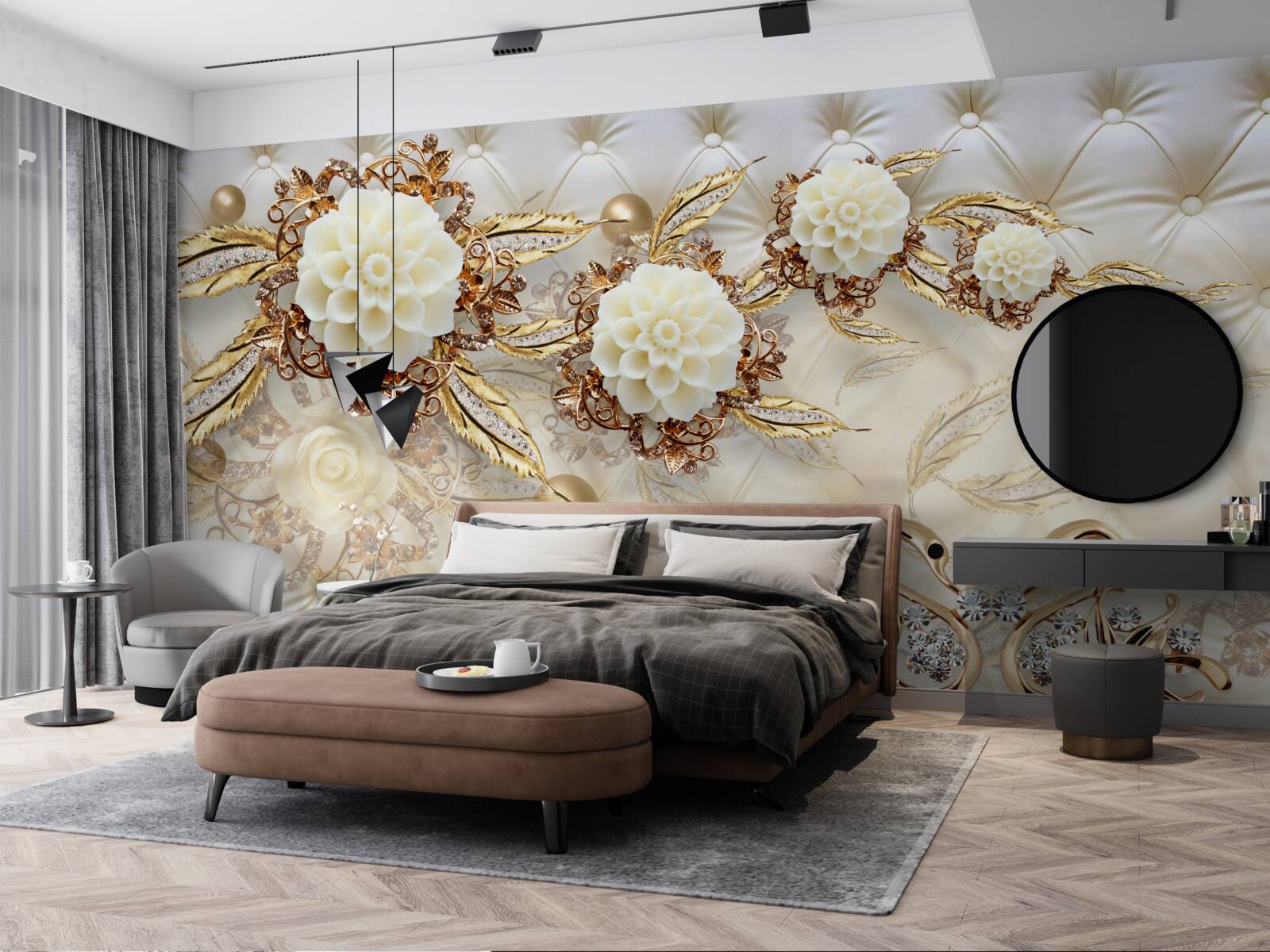 Fototapet lebede de aur și muguri de lumină pe aur strălucitor