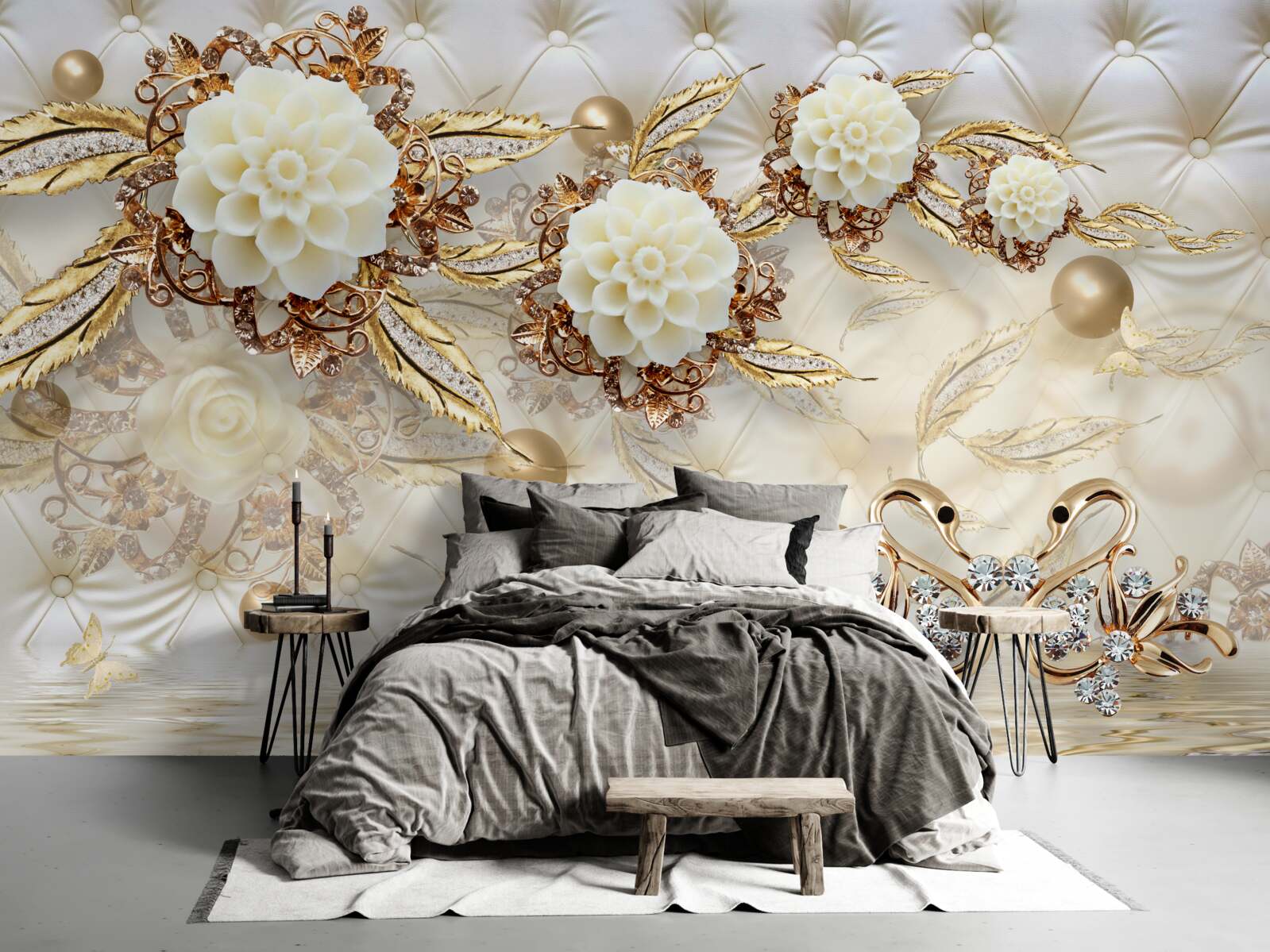 Fototapet lebede de aur și muguri de lumină pe aur strălucitor