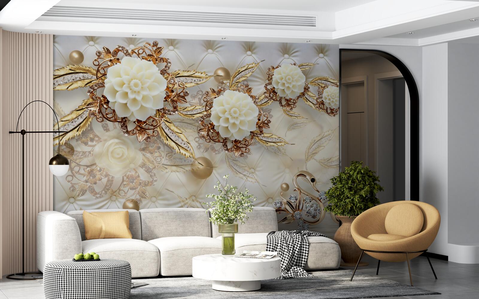 Fototapet lebede de aur și muguri de lumină pe aur strălucitor