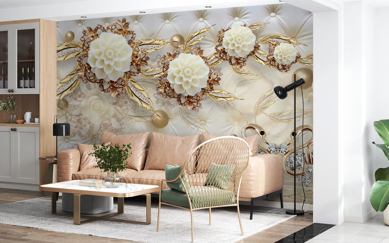 Fototapet lebede de aur și muguri de lumină pe aur strălucitor