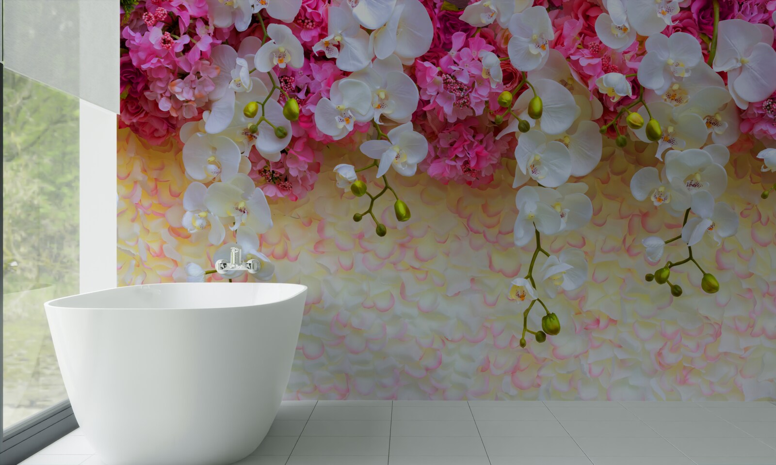 Fototapet Orhideele sunt albe cu nuanțe de roz, agățate