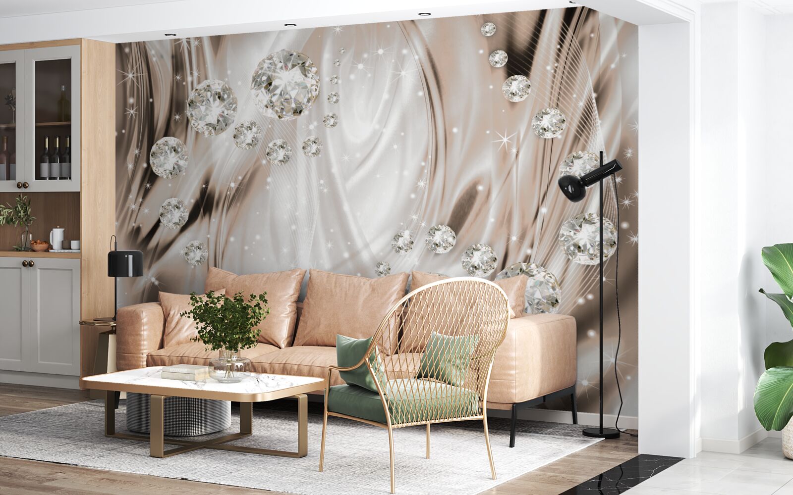 Fototapet mătase maro decorată cu pietre prețioase