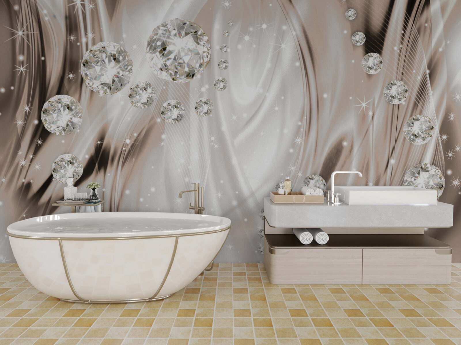 Fototapet mătase maro decorată cu pietre prețioase