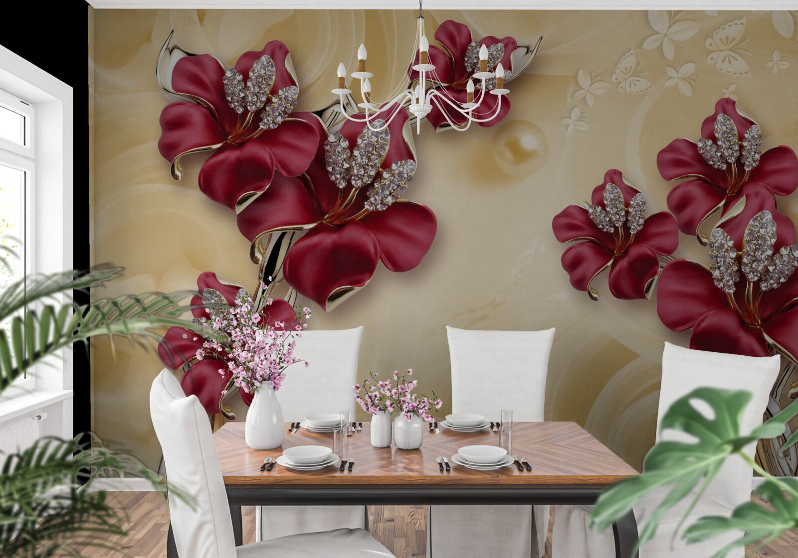 Fototapet crin roșu, decorat cu cristale și aur