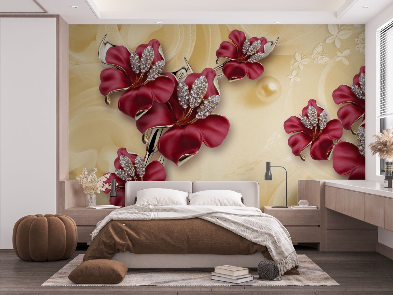 Fototapet crin roșu, decorat cu cristale și aur