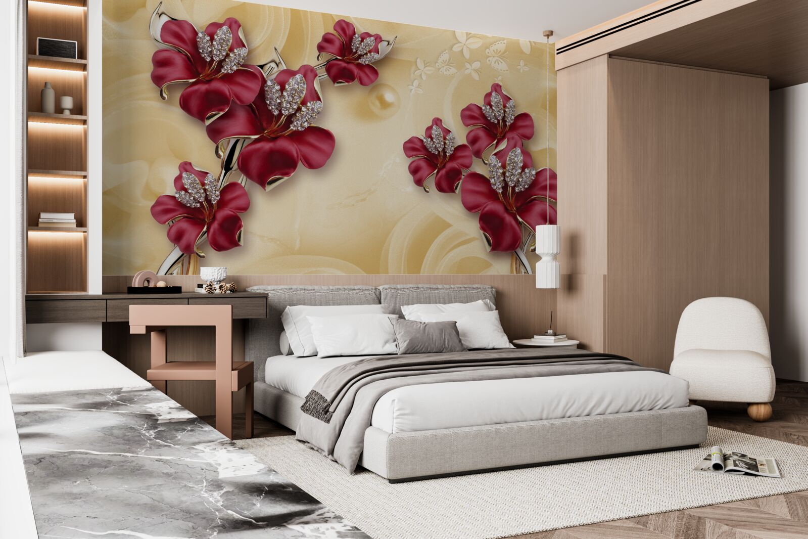 Fototapet crin roșu, decorat cu cristale și aur