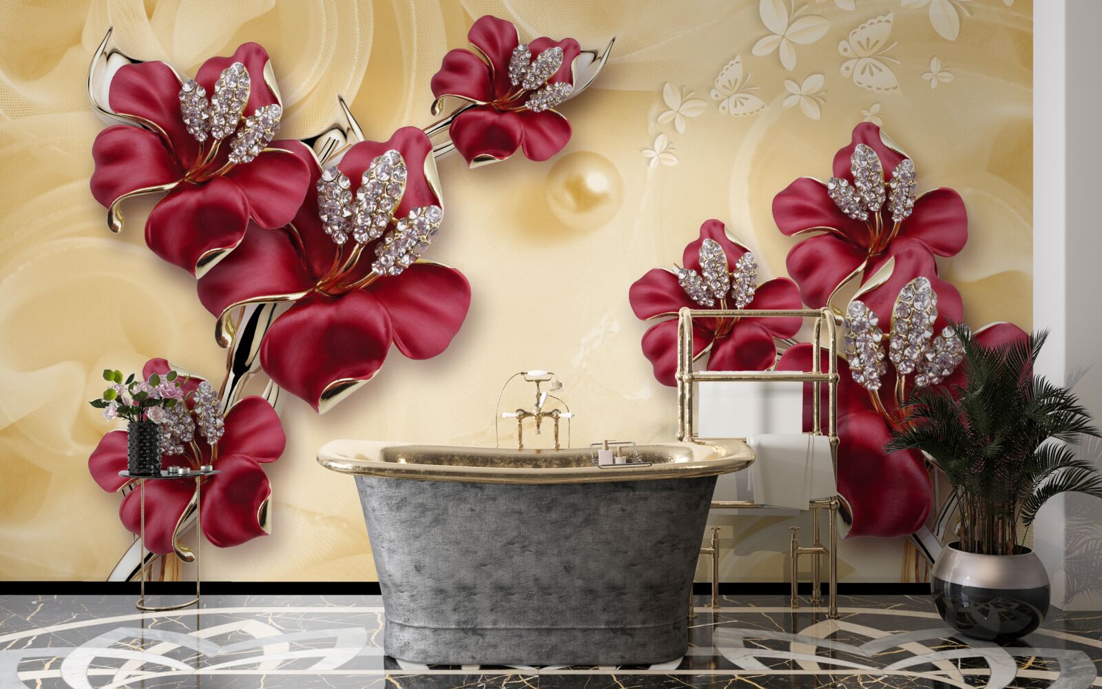 Fototapet crin roșu, decorat cu cristale și aur