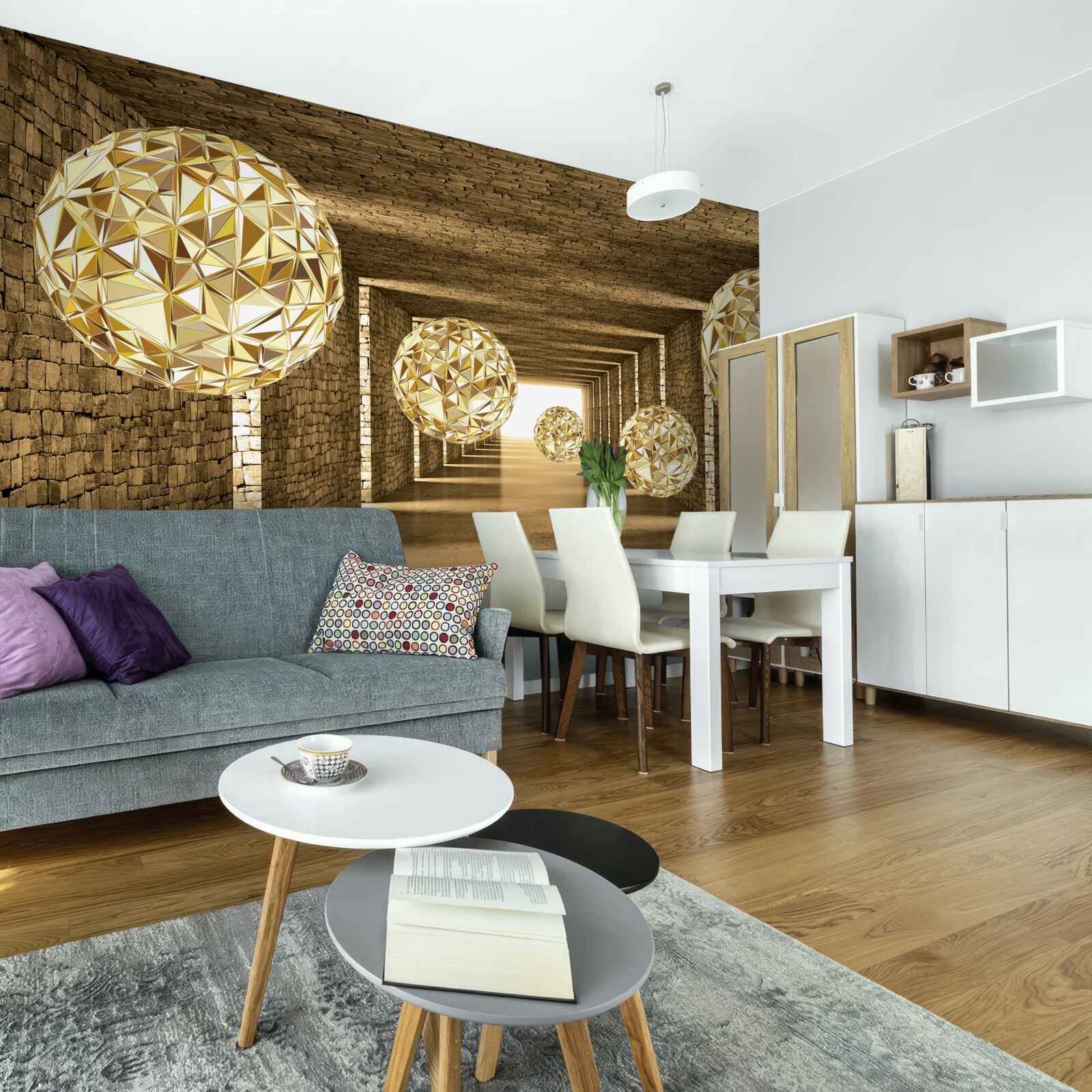 Fototapet imagine abstractă de bile și tunel în nuanțe aurii