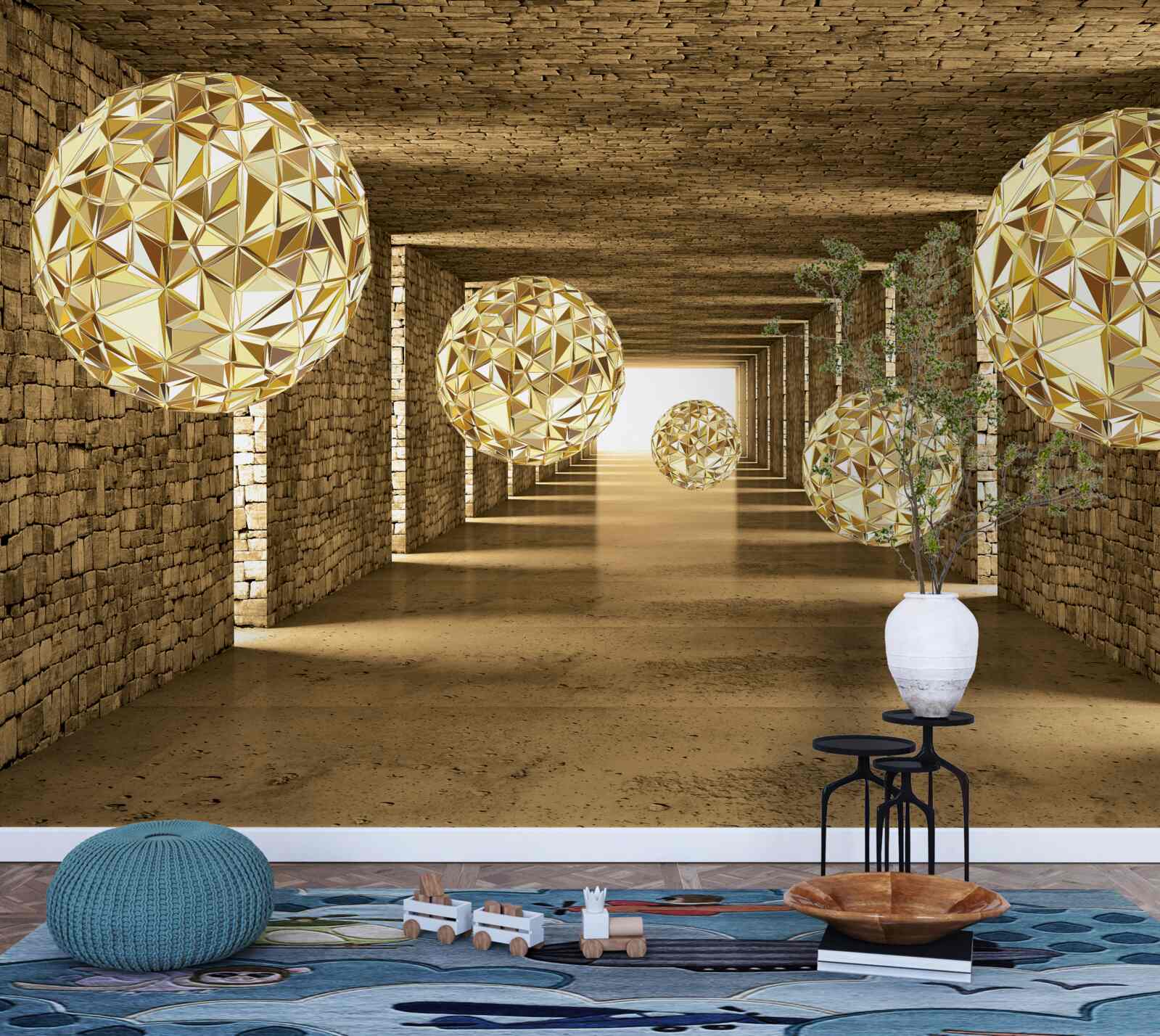 Fototapet imagine abstractă de bile și tunel în nuanțe aurii