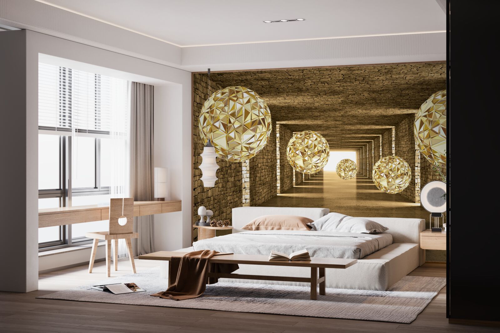 Fototapet imagine abstractă de bile și tunel în nuanțe aurii