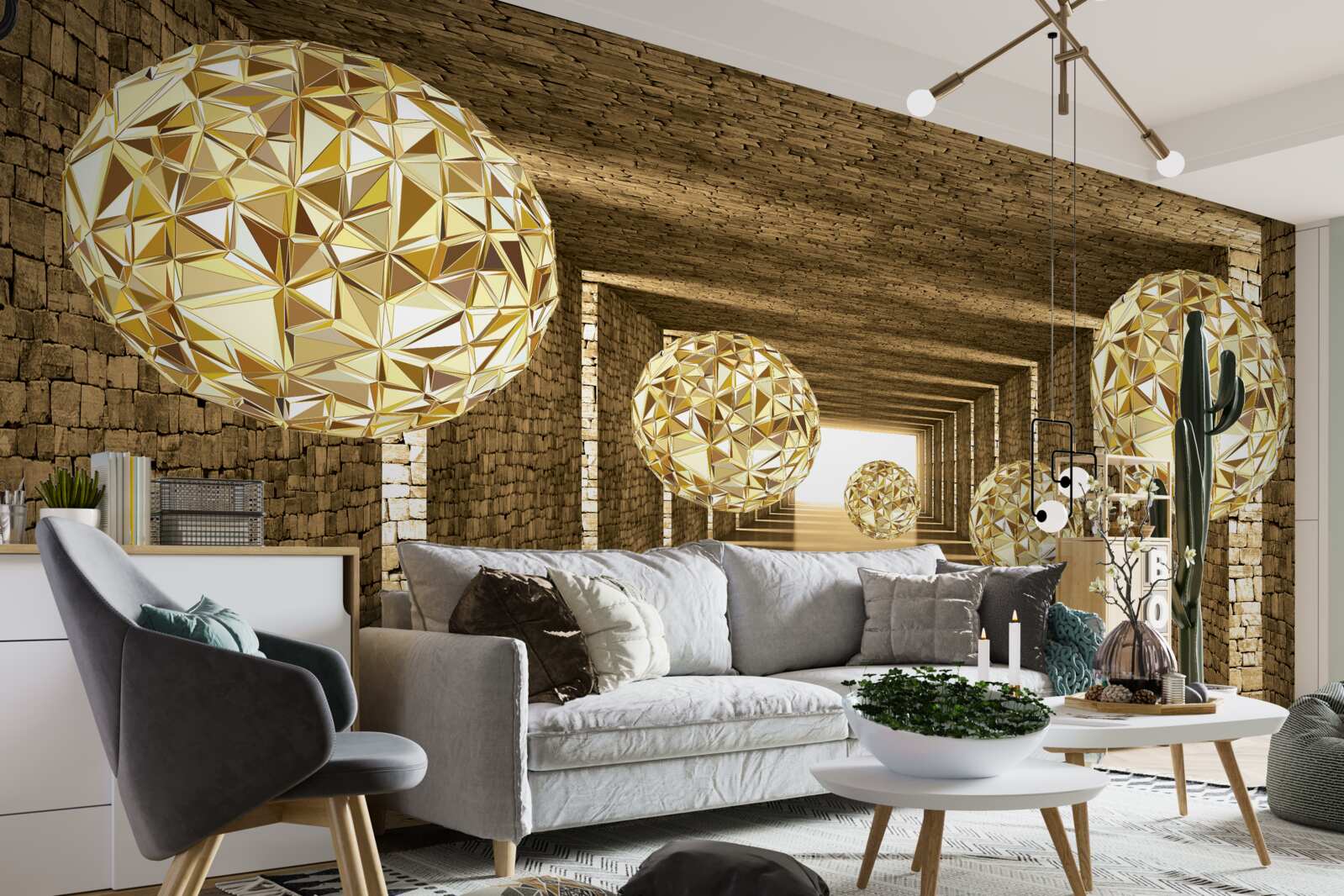 Fototapet imagine abstractă de bile și tunel în nuanțe aurii