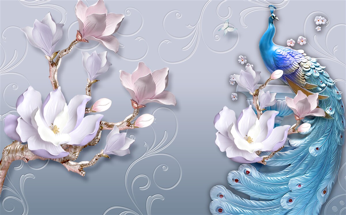 Fototapet un păun magnific așezat pe un copac înflorit