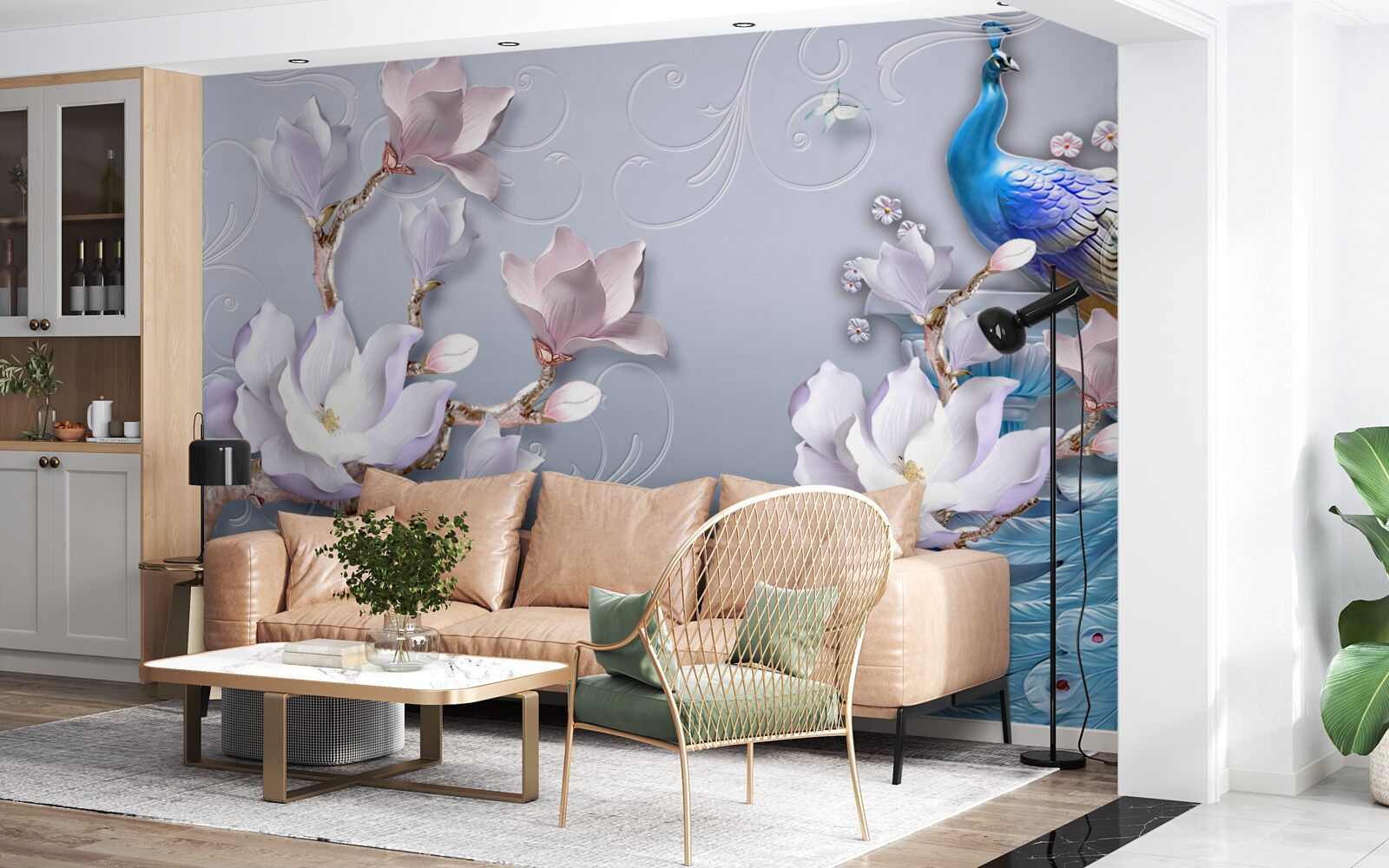 Fototapet un păun magnific așezat pe un copac înflorit