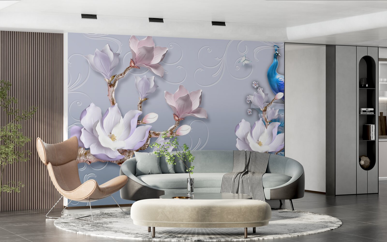 Fototapet un păun magnific așezat pe un copac înflorit