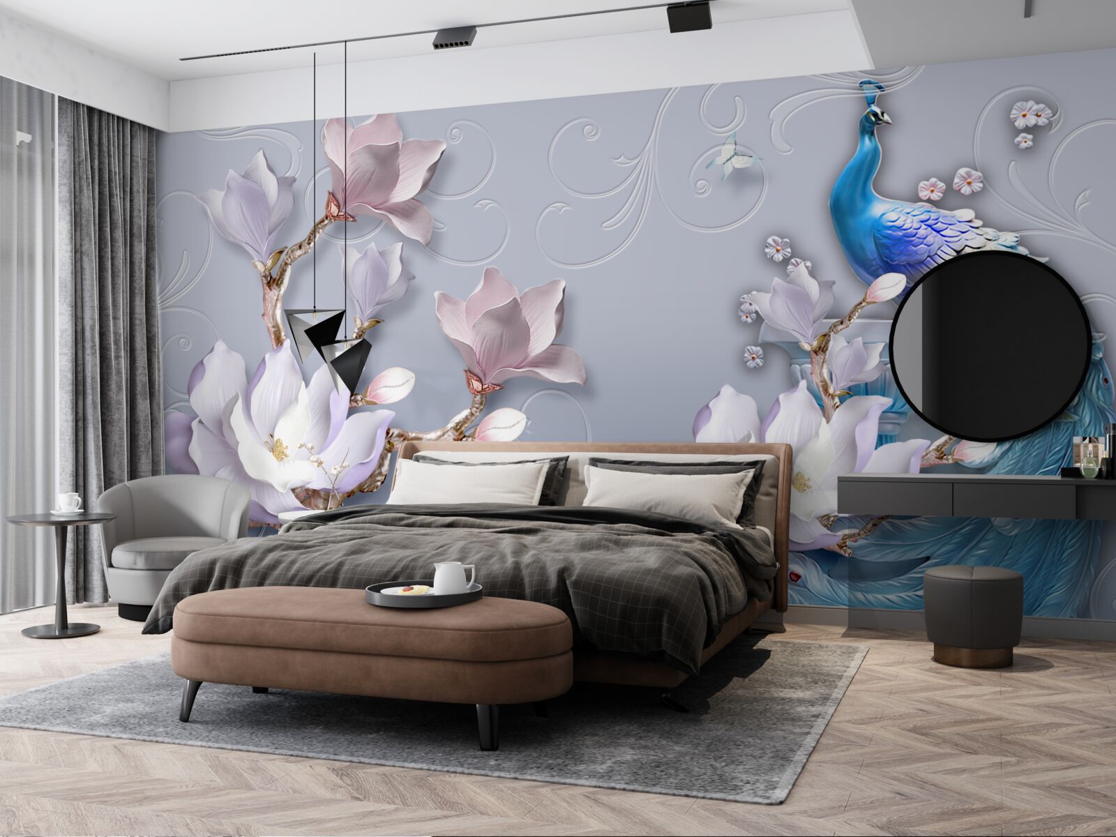 Fototapet un păun magnific așezat pe un copac înflorit