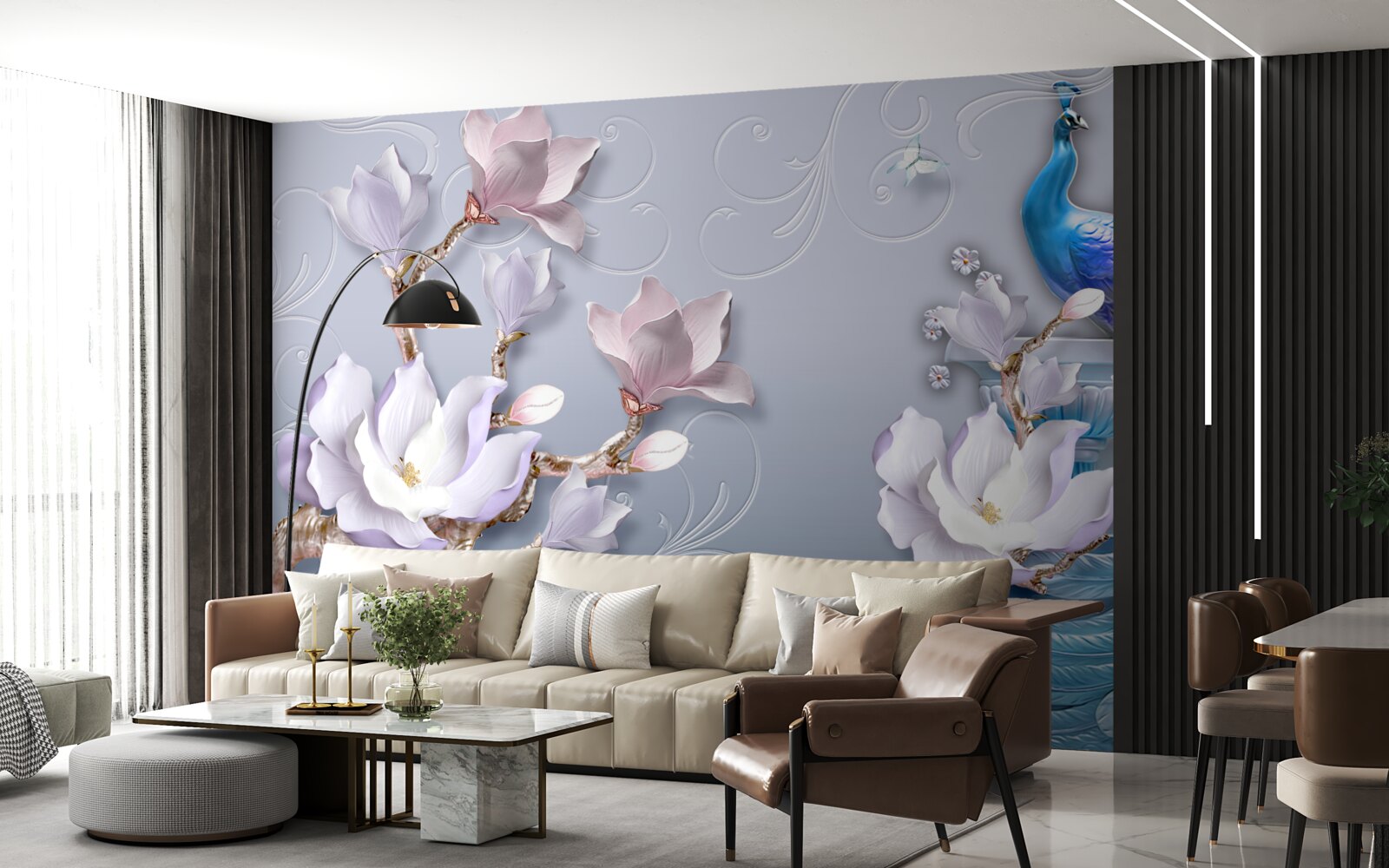 Fototapet un păun magnific așezat pe un copac înflorit