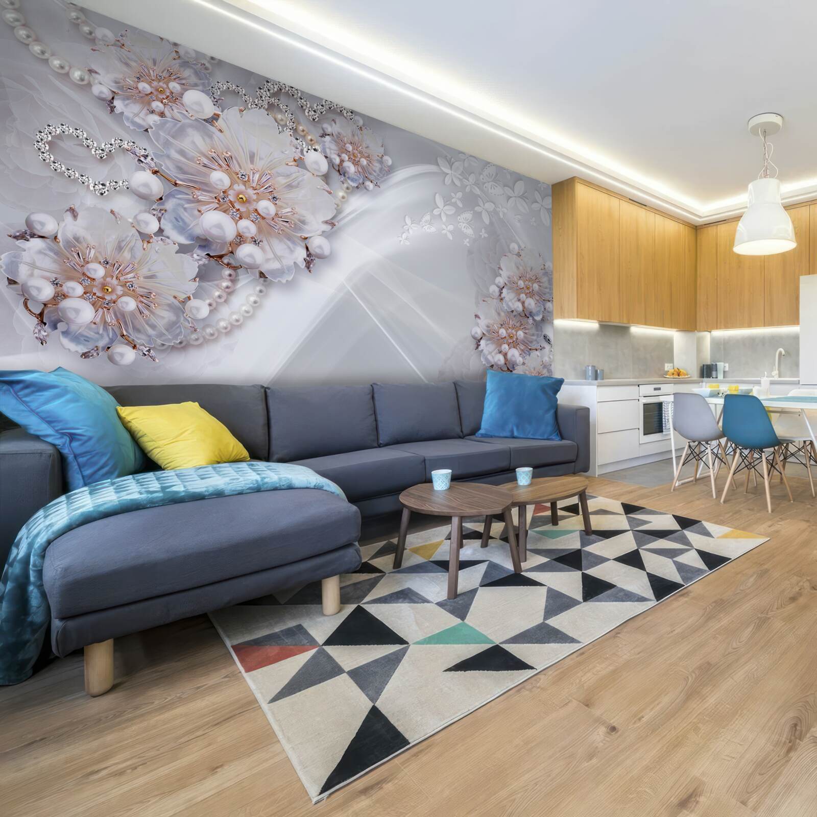 Fototapet pe mătase sunt flori delicate decorate cu perle