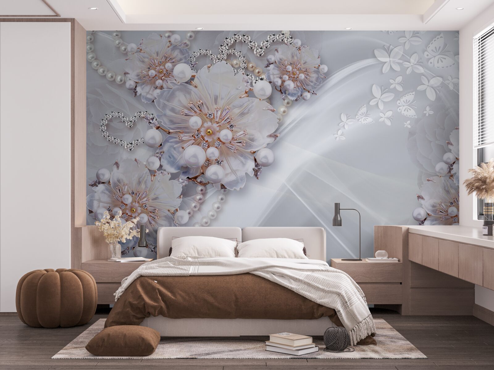 Fototapet pe mătase sunt flori delicate decorate cu perle