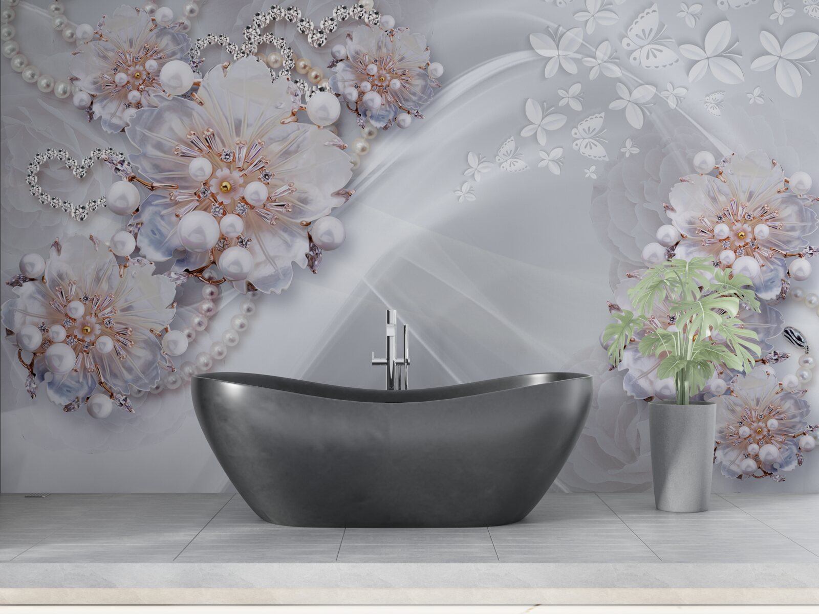 Fototapet pe mătase sunt flori delicate decorate cu perle