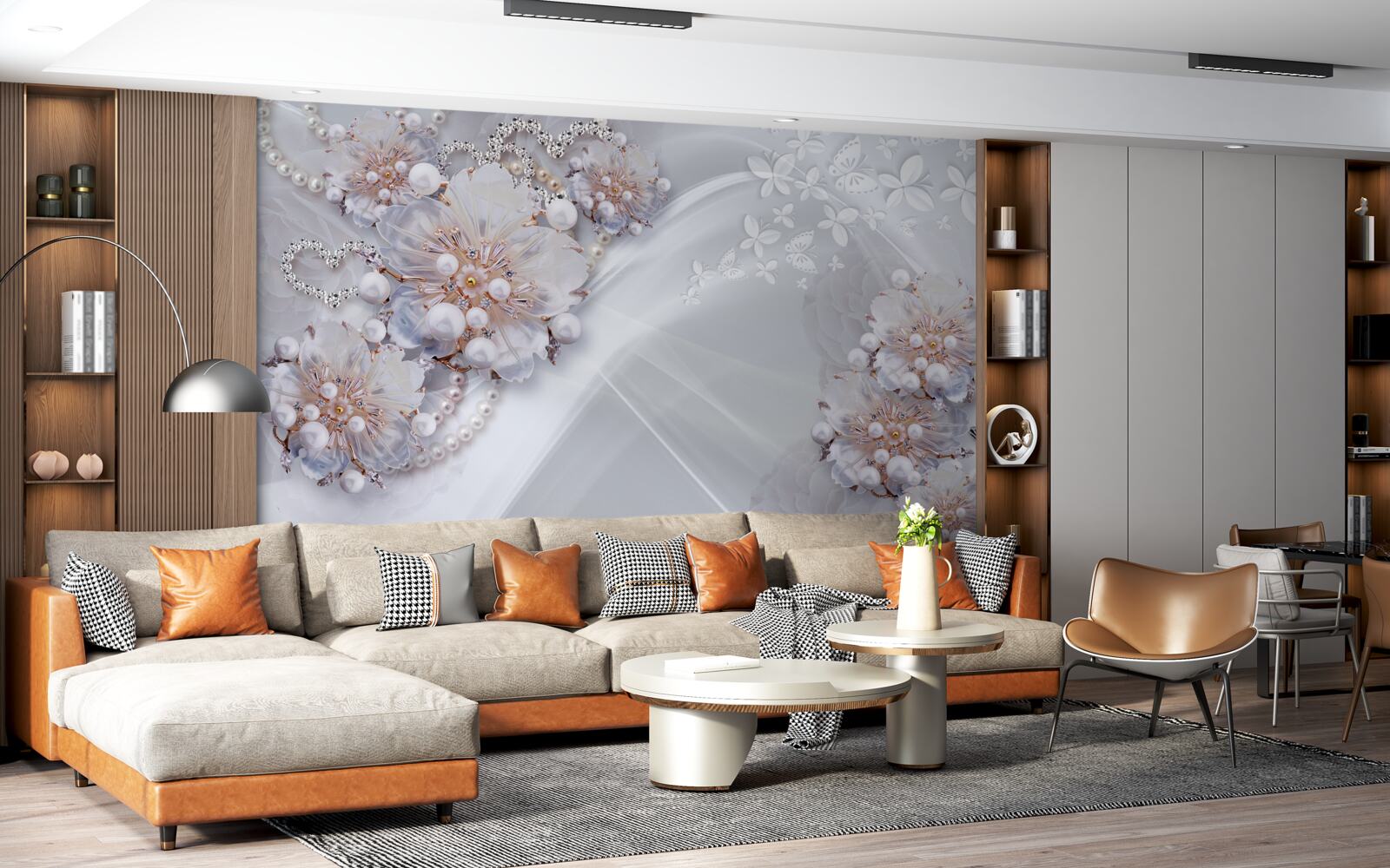 Fototapet pe mătase sunt flori delicate decorate cu perle